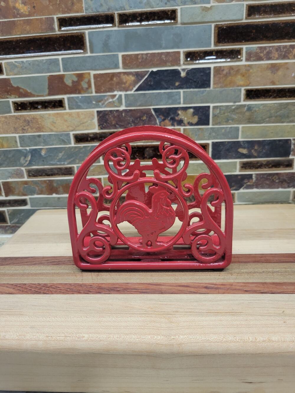 Vintage Red Cast Iron Rooster Napkin Holder Farmhouse Kitchen Letter Stand